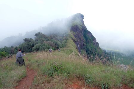 Hiking trail in mountains doimonjong, Landscape with fog at the top of the mountain, Chiang Mai...