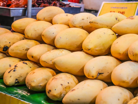 Barracuda Mango (Nam Dok Mai Mango in Thai) at food stall, tropical fruit sold on fruit Night Market in Hua Hin, Thailandの写真素材