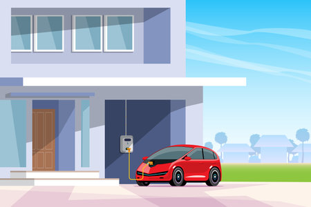 Electric car on home charging station. Installation of charging stations in houses. Direction for using clean energy. vector illustrationのイラスト素材