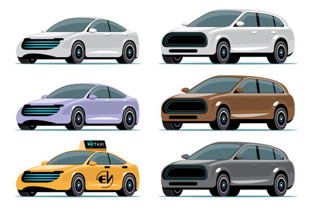 Car vector template on white background. electric taxi, Eco Car, city car, electric car, SUV, automobile in cartoon style. For infographics, commercial, web and game design.のイラスト素材