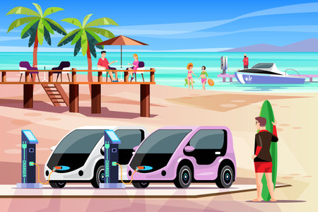 Electric car charging point by the beach. An electric boat is charging at the pier. Electric power boost tourism business. Beach skyline in background. vector illustrationのイラスト素材