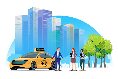 Yellow electric car taxi. Use of electric vehicles in the city. Concept of living in urban society. green energy concept, vector illustrationのイラスト素材