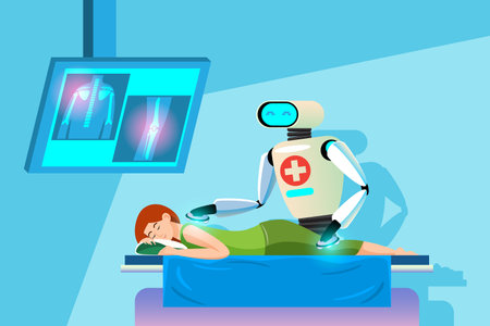 Physical therapy robot, body massage, back and knee massage. Technology in caring for patients. Robots to replace human work.のイラスト素材