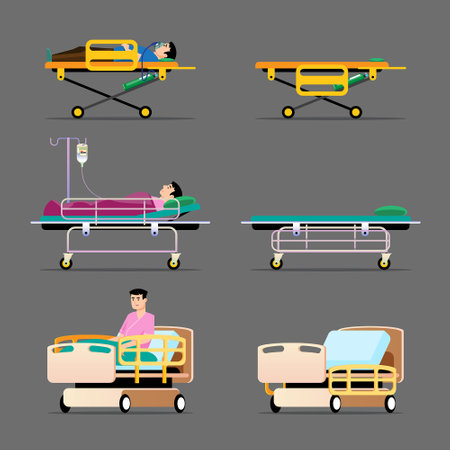Hospital bed and patient vector illustration set. Flat style design.のイラスト素材