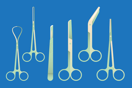 Set of surgical instruments on blue background. Vector illustration in flat style.のイラスト素材