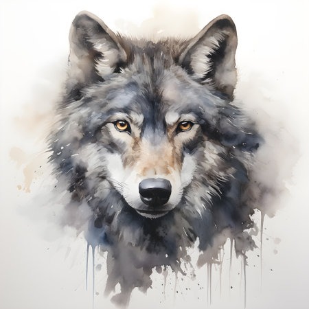 Watercolor portrait of a wolf in the forest. Sketchy, graphical, color portrait of a wolf head on a white background. Generated AI illustration.の素材
