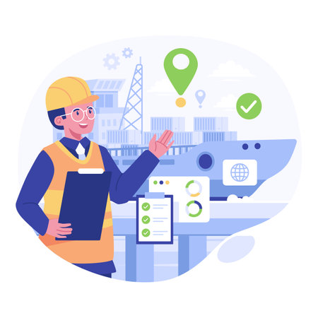 Engineer at construction site vector illustration. Cartoon man in helmet and workwear standing near ship and holding blueprint. shipping, modern technologyのイラスト素材