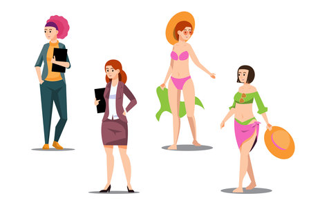 Set of female characters in casual clothes. Women of character woman in casual wear standing. Women in swimsuits. Vector illustration. Cartoon style.のイラスト素材