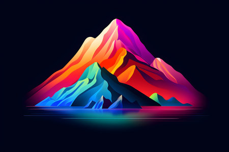Colorful mountains color. Colorful landscape with colorful mountains and sun in minimalist style. Mountain peak, nature beauty icon isolated. Generated AI illustration.の素材