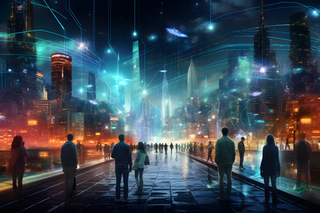 People stands against the backdrop of a futuristic city. Smart city concept, dreams, development, life improvement. Future communication technology. Generated AI illustration.の素材
