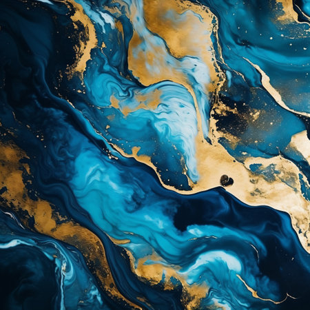 Abstract ocean blue marble. Blue marble texture design, contemporary fluid art painting, Very beautiful blue paint with the addition of gold powder. Generated AI illustration.の素材