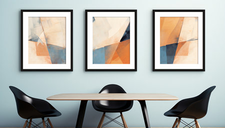 Modern bright interiors. Modern living room with white walls, simple couch, wall photo frame, lamp. Modern minimalist interior design. AI Generated.の素材