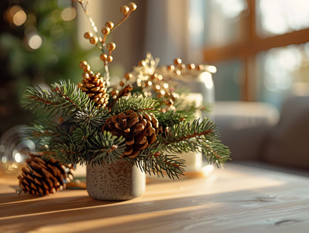 Christmas decoration with fir branches and pine cones on a wooden table.の素材