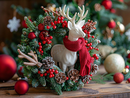 Christmas wreath with reindeer and red berries on wooden tableの素材