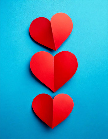Paper hearts on blue background. Valentines day background. Love concept.の素材