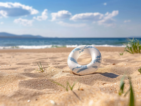Lifebuoy on the beach, shallow dof. Summer vacation conceptの素材