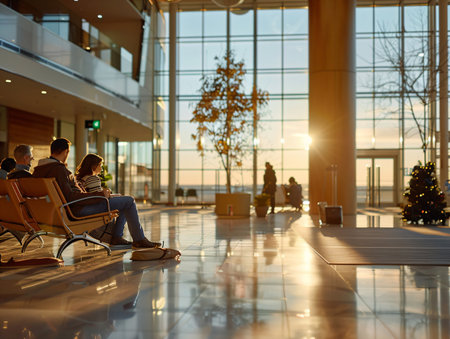 Rear view of a couple sitting in an airport lounge waiting for flightの素材