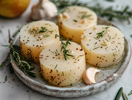 Boiled cheese with pear and rosemary on a white background.の素材