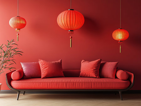 Red living room interior with red sofa and red chinese lanterns. 3d renderの素材