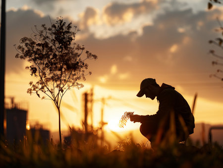 Silhouette of a man in a black jacket and hat with a bouquet of flowers in his hands against the background of the setting sunの素材