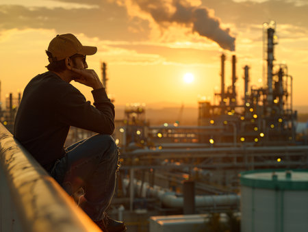 Thoughtful young man talking on mobile phone while sitting on the rooftop of oil refinery at sunset.の素材