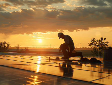 solar energy worker installing photovoltaic panels on roof at sunsetの素材