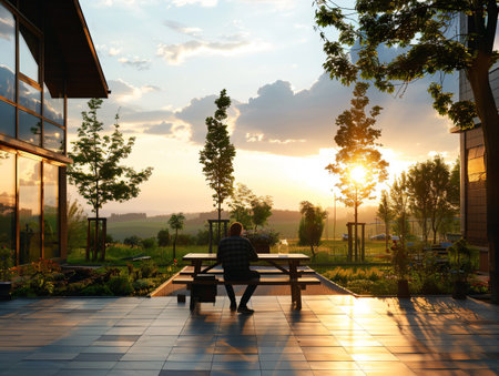 Man sitting on a bench in the garden at sunset, back viewの素材