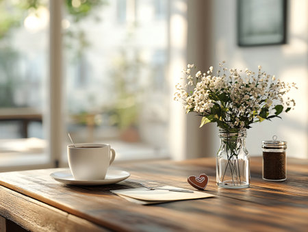 Cup of coffee and flowers on wooden table in cafe, closeupの素材