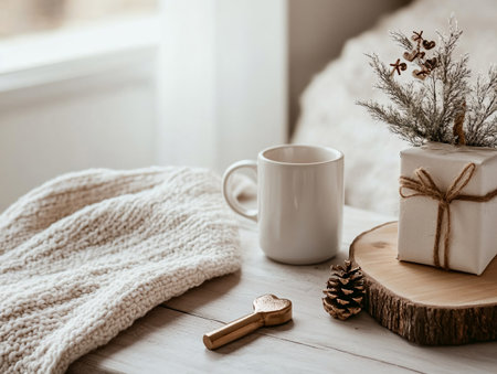 Cup of coffee, gift box and christmas decorations on wooden table.の素材