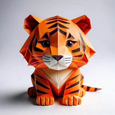 Paper origami tiger isolated on white background. Paper origami tiger.の素材