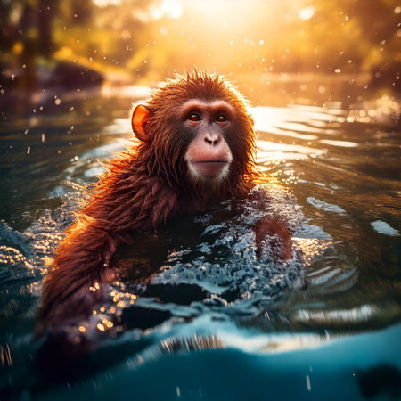 Portrait of a monkey in the water. The monkey swims in the water.の素材