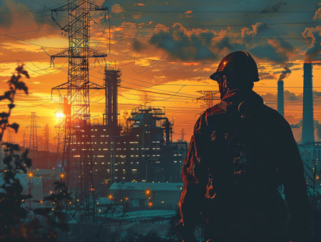 Silhouette of a worker on the background of the oil refineryの素材