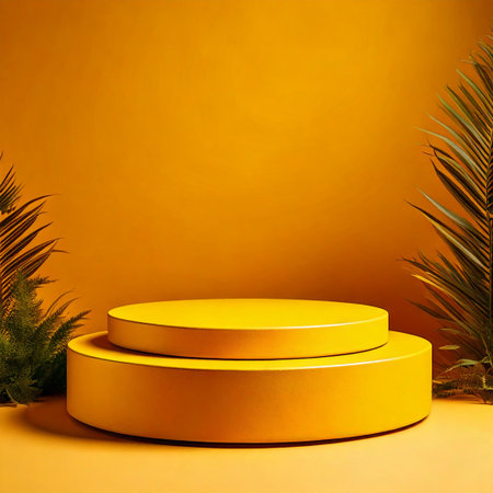 Yellow podium with palm leaves on orange background. 3d render illustrationの素材