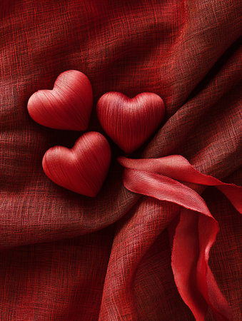 red hearts on a red satin background for valentine's dayの素材