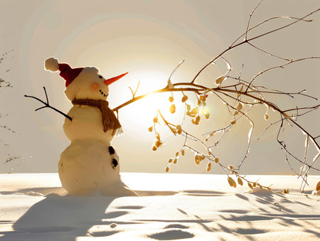 Snowman on sunset background. Christmas and New Year greeting card.の素材