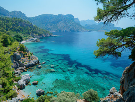 Beautiful turquoise sea and rocky coast of the island of Mallorca, Spainの素材