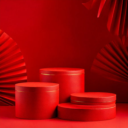 Abstract minimal scene with red podiums on red background. 3d renderの素材
