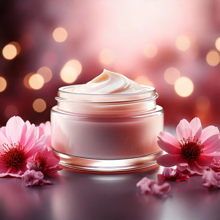 cosmetic cream in glass jar with flowers on bokeh backgroundの素材