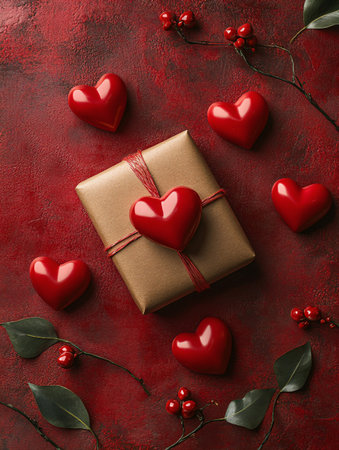 Valentine's day background with red hearts and gift box. Top view with copy spaceの素材