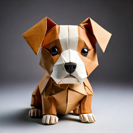 Cute dog made of paper on grey background. Dog origamiの素材