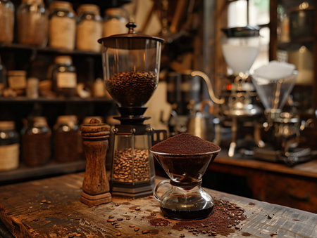 coffee grinder with coffee beans on wooden table in coffee shopの素材