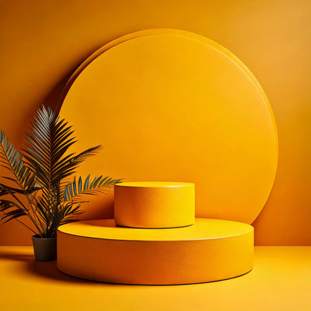 Abstract minimal scene with orange podium and palm leaves. 3d renderの素材