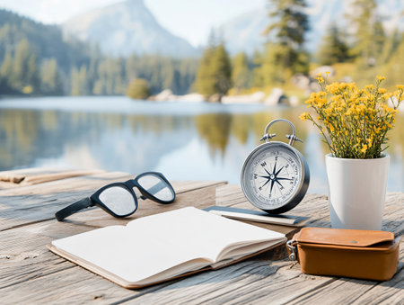 Blank notebook, compass and glasses on a wooden table in front of a lakeの素材