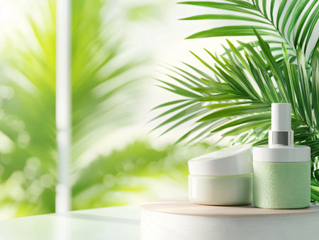 cosmetic cream and lotion on white table with palm leaves backgroundの素材