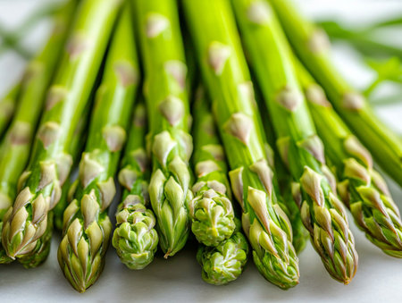 Bunch of fresh green asparagus on a white background.の素材