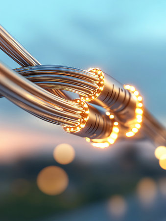 3d rendering of a metal cable with led lights in the cityの素材