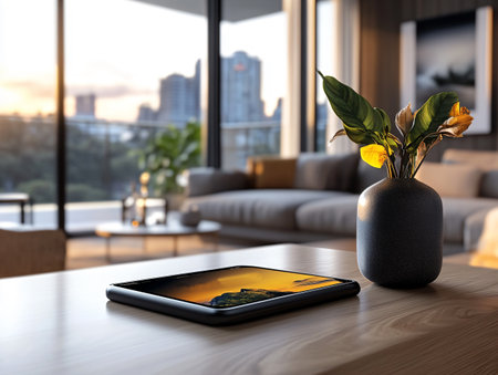Tablet with yellow flower in vase on wooden table in modern living roomの素材