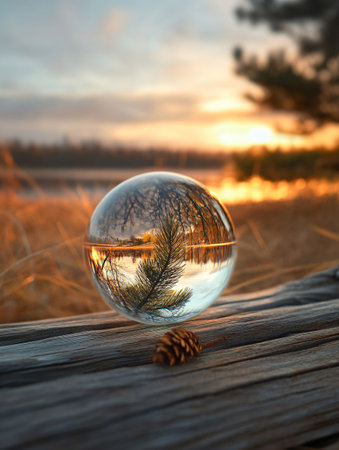 Glass ball with pine tree and pine cone on the background of sunsetの素材