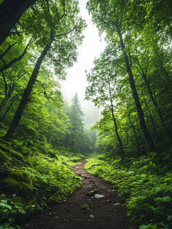Path through the green forest in a foggy morning, natural landscapeの素材