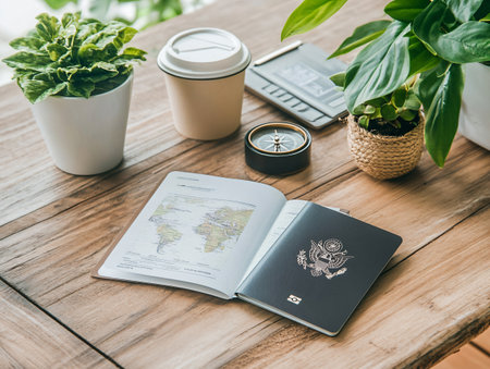 Travel planning concept with passport, compass and coffee cup on wooden tableの素材